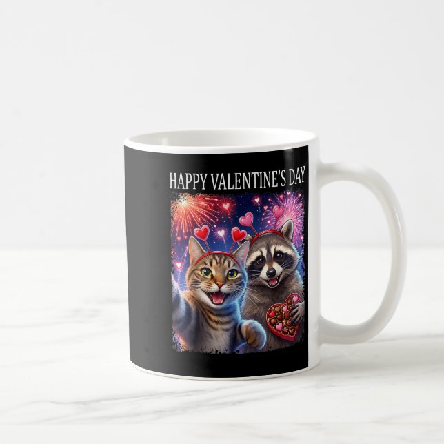 Taza De Café Happy Valentines 2026 Cute Cat Raccoon Party Art  (Derecha)