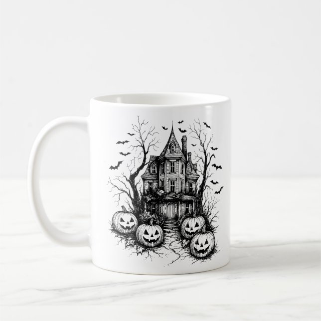 Taza De Café Haunted House Black and White Halloween (Izquierda)