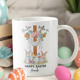 Taza De Café He is Risen Happy Easter Gift with Cross & Bunnies