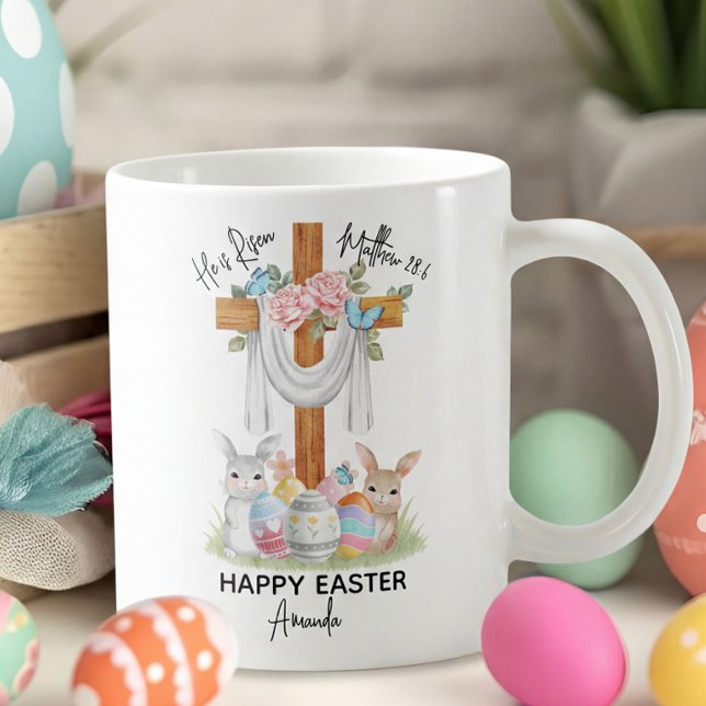 Taza De Café He is Risen Happy Easter Gift with Cross & Bunnies (Subido por el creador)