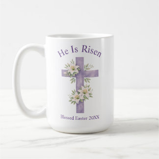 Taza De Café He Is Risen Watercolor Floral Cross Easter 2026
