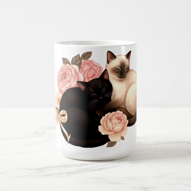 Taza De Café Heartbound: Siamese & Black Cats in Bloom (Centro)