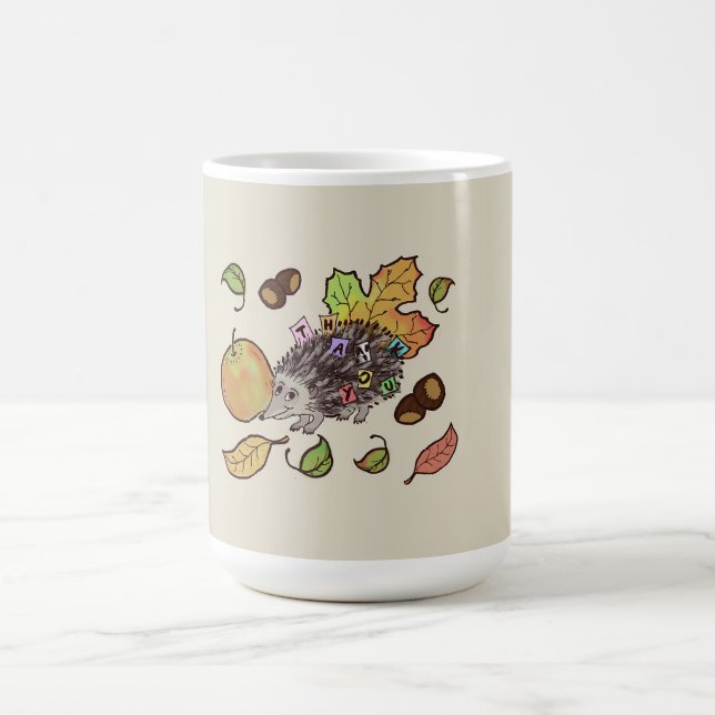 Taza De Café Hedgehog dibujado a mano en otoño con hojas (Centro)