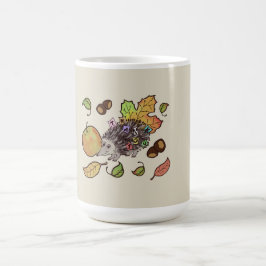 Taza De Café Hedgehog dibujado a mano en otoño con hojas