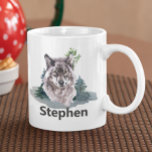 Taza De Café Hermosa acuarela Wolf nombre personalizado<br><div class="desc">Este diseño se puede personalizar eligiendo la opción Editar diseño. También puede transferir a otros artículos. Póngase en contacto conmigo en colorflowcreations@gmail.com o utilice la opción de chat en la parte superior de la página si desea tener este diseño en otro producto o necesita ayuda. Ver más de mis diseños...</div>