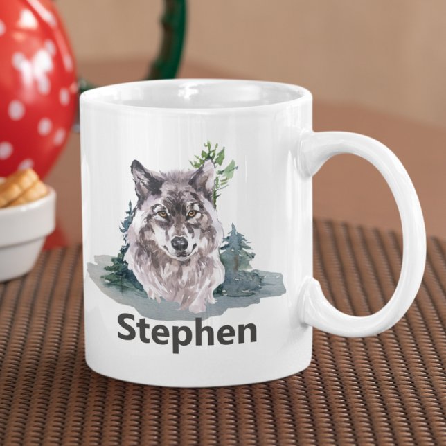 Taza De Café Hermosa acuarela Wolf nombre personalizado (Subido por el creador)