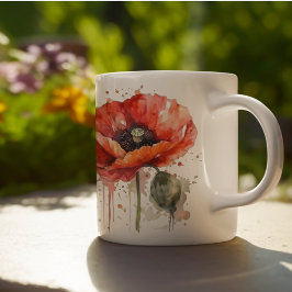 Taza De Café Hermosa amapola roja pintada con acuarela