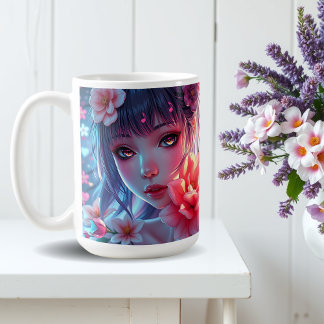 Taza De Café Hermosa Anime Chica Glitchcore Floral