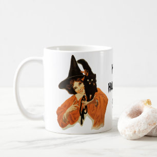 Taza De Café Hermosa bruja vintage con gato negro sobre hombro