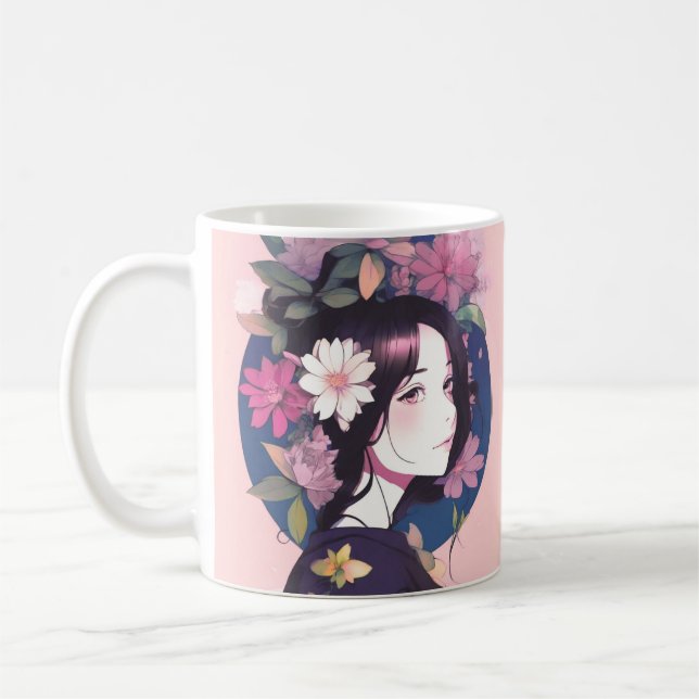 Taza De Café Hermosa Chica anime coronada con flores (Izquierda)