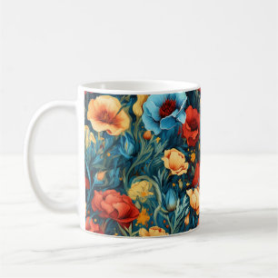 Taza De Café Hermosa impresión botánica de flores azules rojas