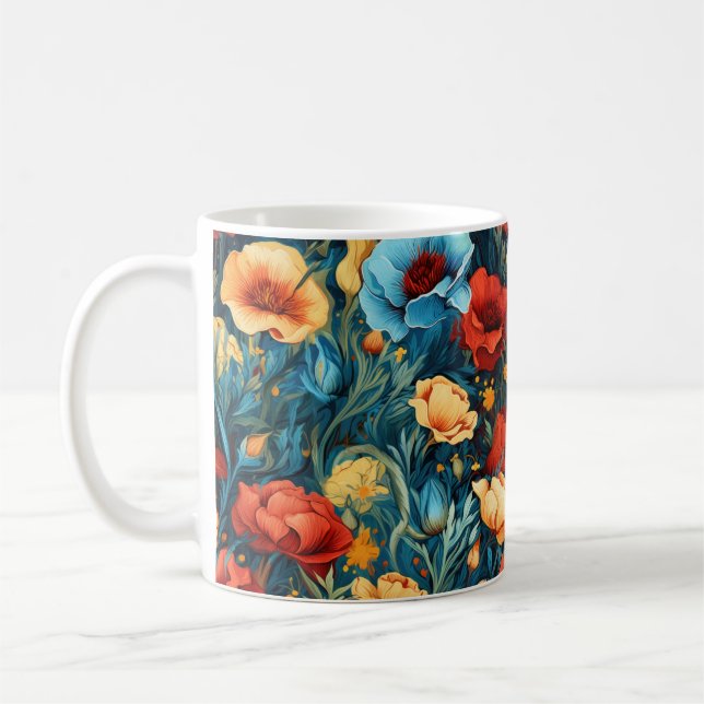 Taza De Café Hermosa impresión botánica de flores azules rojas  (Izquierda)