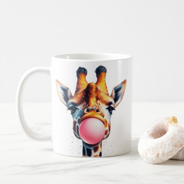 Taza De Café hermosa jirafa soplando bicho (Con donut)