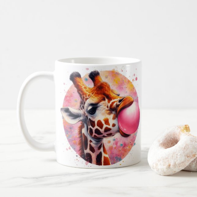 Taza De Café hermosa jirafa soplando bicho (Con donut)