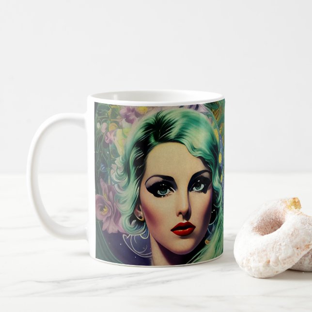 Taza De Café Hermosa lavanda y verde estilo retro mujer (Con donut)