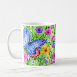 Taza De Café Hermosa mariposa azul con flores acuarela