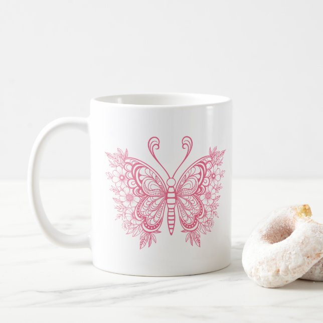 Taza De Café Hermosa mariposa floral rosa (Con donut)