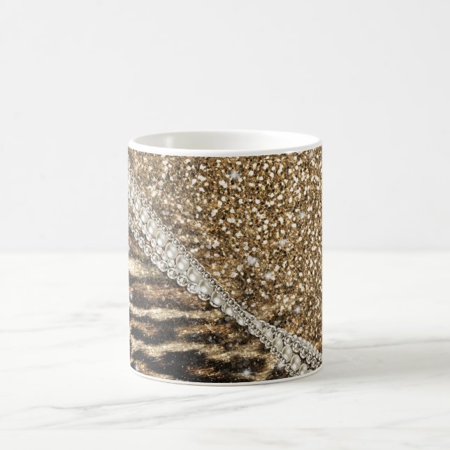 Taza De Café Hermosa Moda Girly Leopard Print Gold Purpurina (Centro)