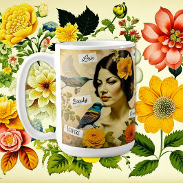 Taza De Café Hermosa mujer de época con pájaros y flores
