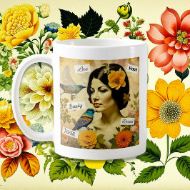 Taza De Café Hermosa mujer de época con pájaros y flores