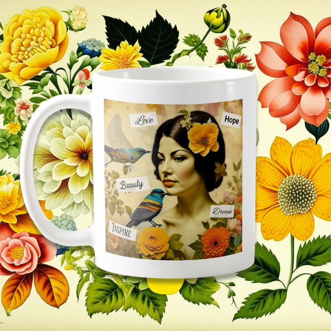 Taza De Café Hermosa mujer de época con pájaros y flores (Subido por el creador)