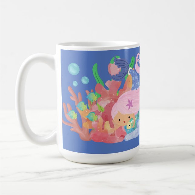 Taza De Café Hermosa sirena de PINK jugando abrazando un pez (Izquierda)