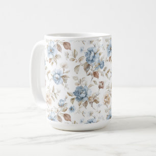 Taza De Café Hermosas Flores Azules Crema Marrón Café