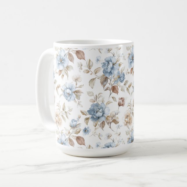 Taza De Café Hermosas Flores Azules Crema Marrón Café (Anverso izquierdo)