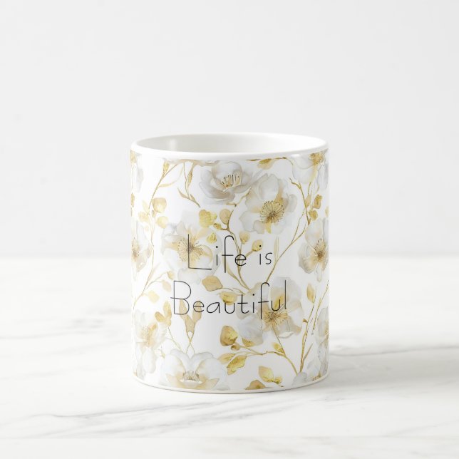 Taza De Café Hermosas Flores Blancas Doradas (Centro)