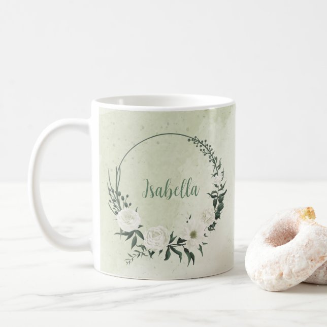 Taza De Café Hermosas flores blancas hojas verdes (Con donut)