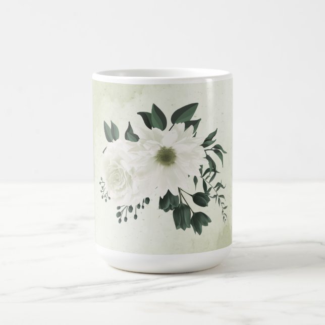 Taza De Café Hermosas flores blancas hojas verdes (Centro)