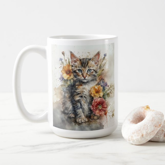 Taza De Café Hermosas flores de gatos grisáceas (Con donut)