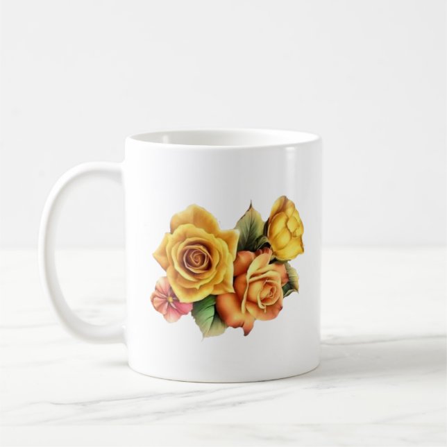 Taza De Café Hermosas flores de rosa amarillo Bouquet-74878 (Izquierda)