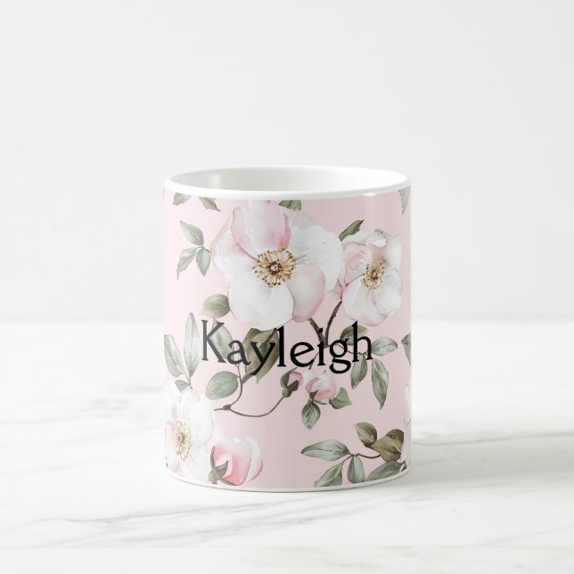 Taza De Café Hermosas flores rosadas blancas con rubor   (Centro)