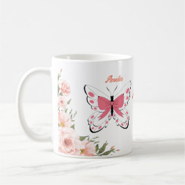 Taza De Café Hermosas flores rosadas Mariposas Nombre Monograma