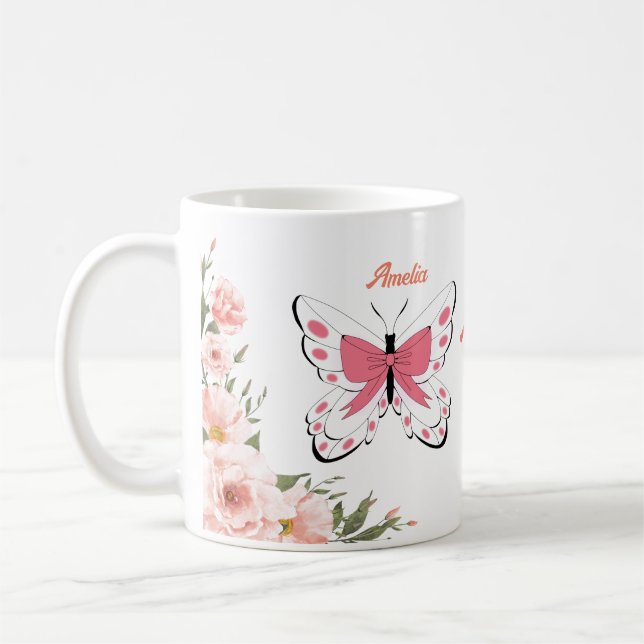 Taza De Café Hermosas flores rosadas Mariposas Nombre Monograma (Izquierda)