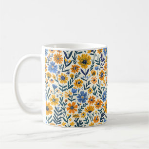 Taza De Café Hermosas flores silvestres amarillas azules femeni