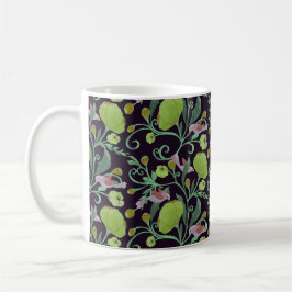 Taza De Café Hermosas flores verdes, viñas y pájaros rosados
