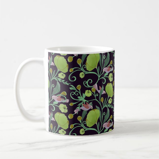 Taza De Café Hermosas flores verdes, viñas y pájaros rosados (Izquierda)