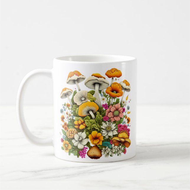 Taza De Café Hermosas Flores Y Hongos (Izquierda)