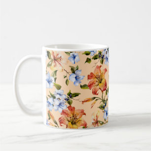 Taza De Café Hermosas lirios de tigre y flores azules pequeñas 