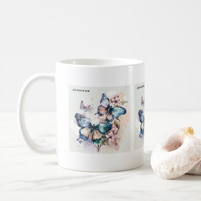 Taza De Café Hermosas mariposas y flores (Con donut)