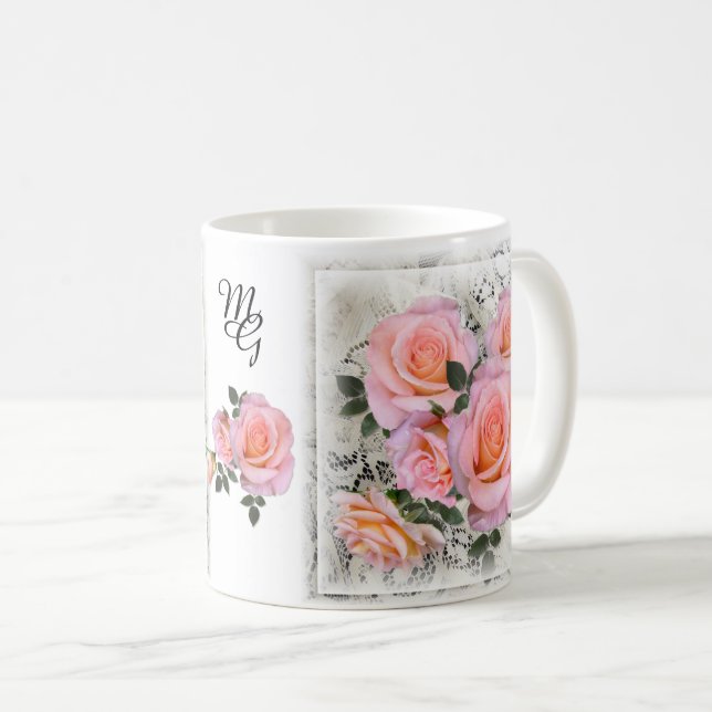 Taza De Café Hermosas rosas rosas rosas con monograma (Anverso derecho)