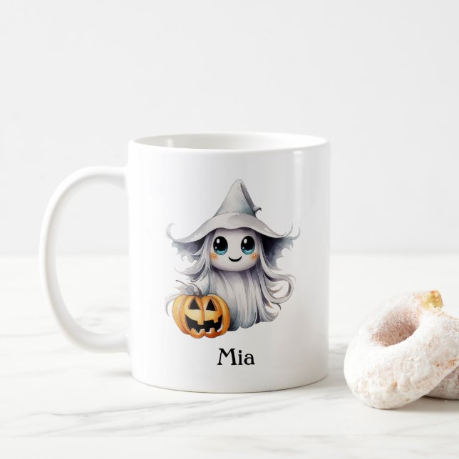 Taza De Café Hermoso Chica fantasma de Halloween personalizado (Con donut)