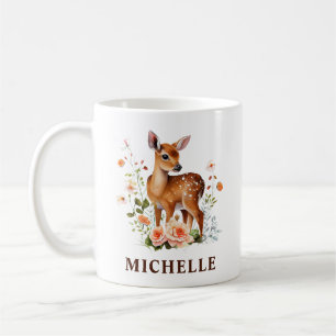 Taza De Café Hermoso ciervo salvaje y flores en acuarela