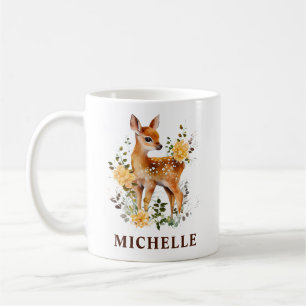 Taza De Café Hermoso ciervo salvaje y flores en acuarela
