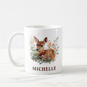 Taza De Café Hermoso ciervo salvaje y flores en acuarela