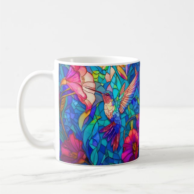 Taza De Café Hermoso Colibrí Jardín de Flores Vidrio Manchado (Izquierda)