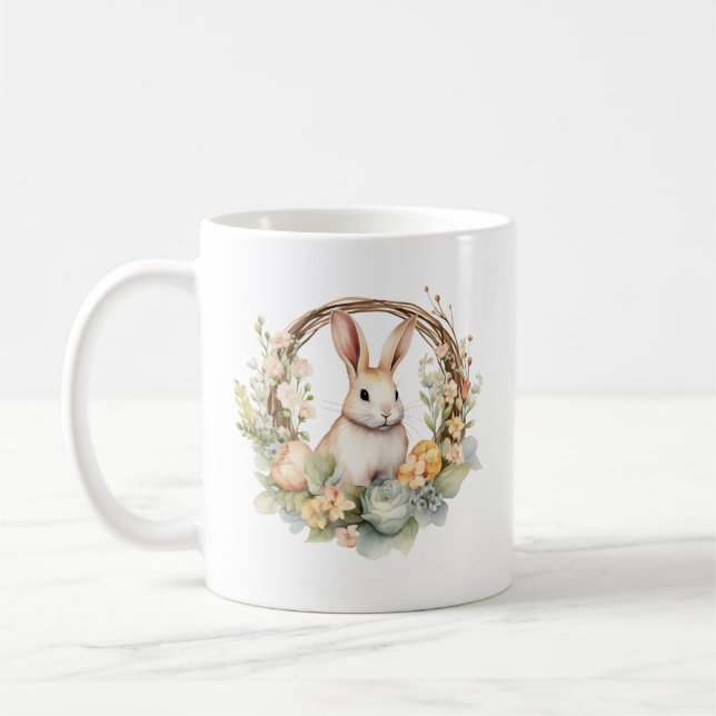 Taza De Café Hermoso conejo conejo con flores de primavera (Izquierda)