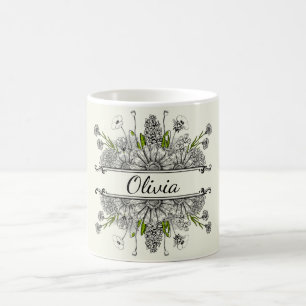 Taza De Café Hermoso dibujo de flores negras y blancas
